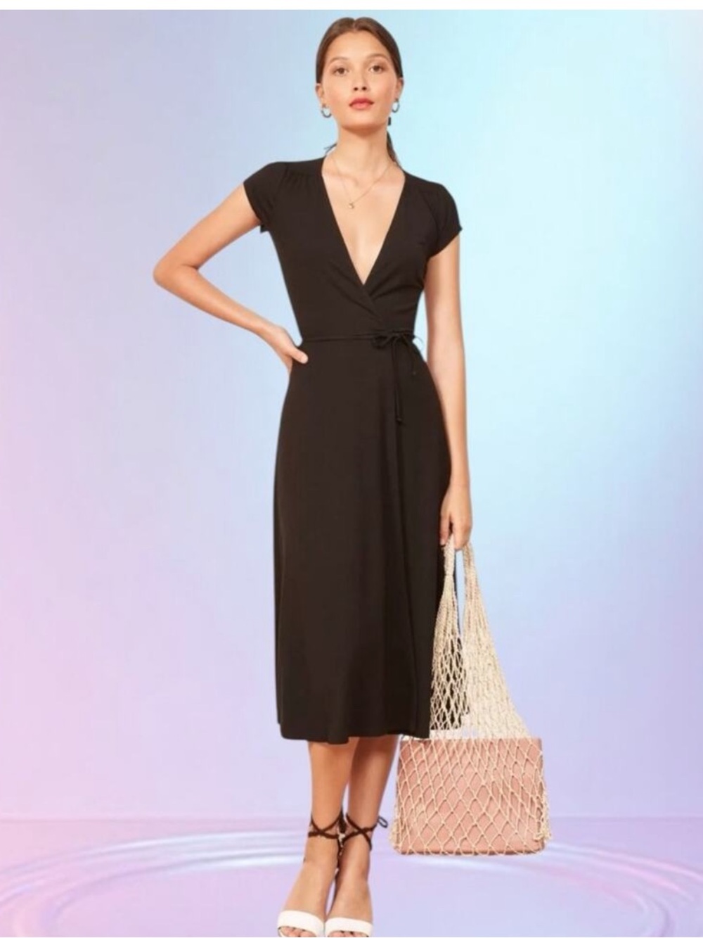 REFORMATION Jeans Black Becca Wrap Jersey Stretch Knit Midi LBD Dress S
